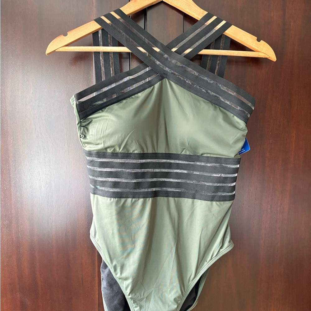 Sage Green One Piece with Cross-Strap Design and Slimming Appeal
